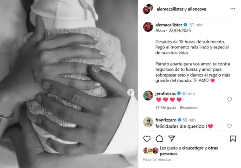 El tierno posteo de Mac Allister tras el nacimiento de su hija