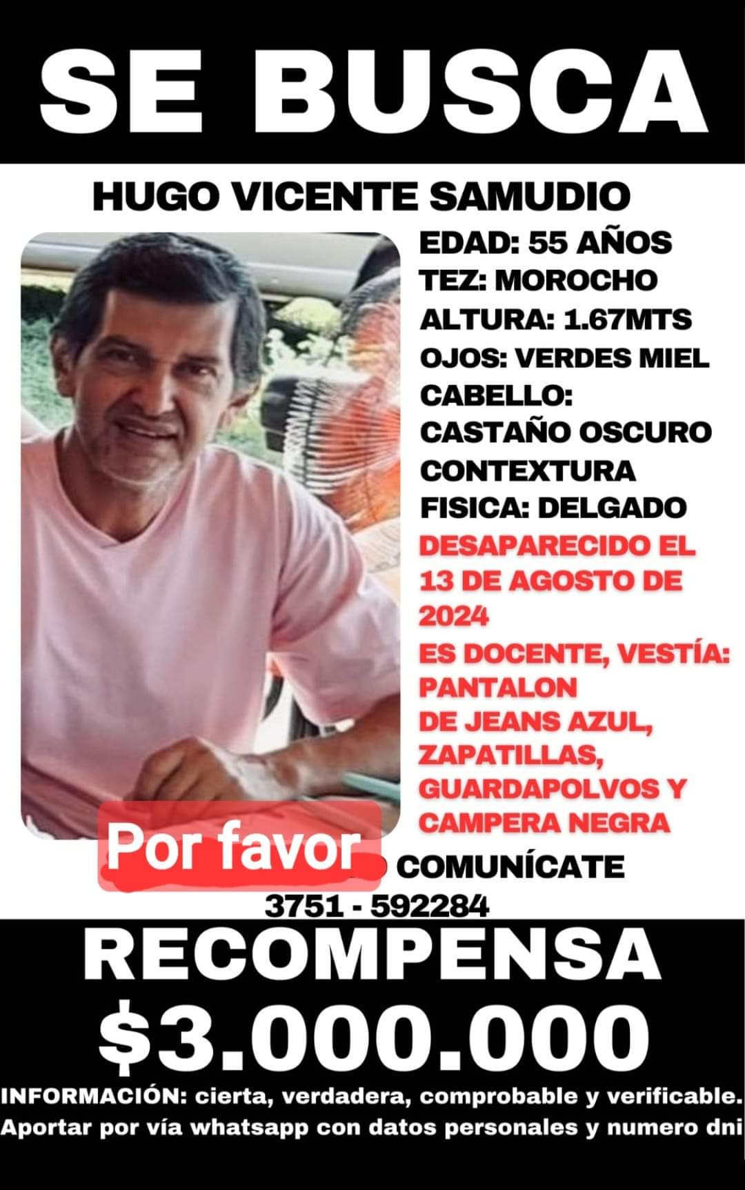 Docente desaparecido en Eldorado: Ofrecieron una recompensa